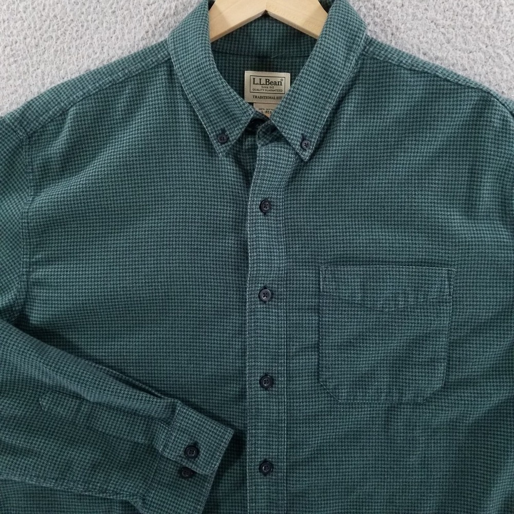 L.L.Bean Shirt Mens Large Green Wicked Good Houndstooth Flannel Traditional Fit